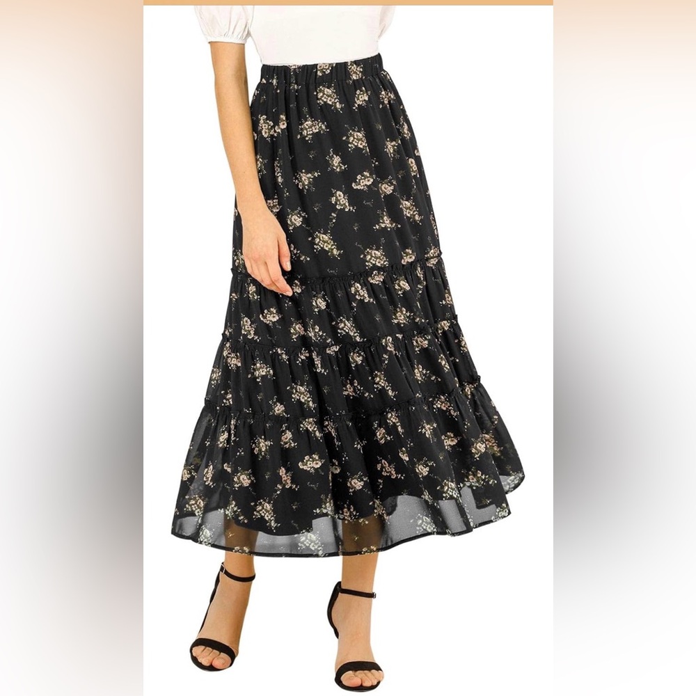 Allegra K Black Floral Tiered Maxi Skirt